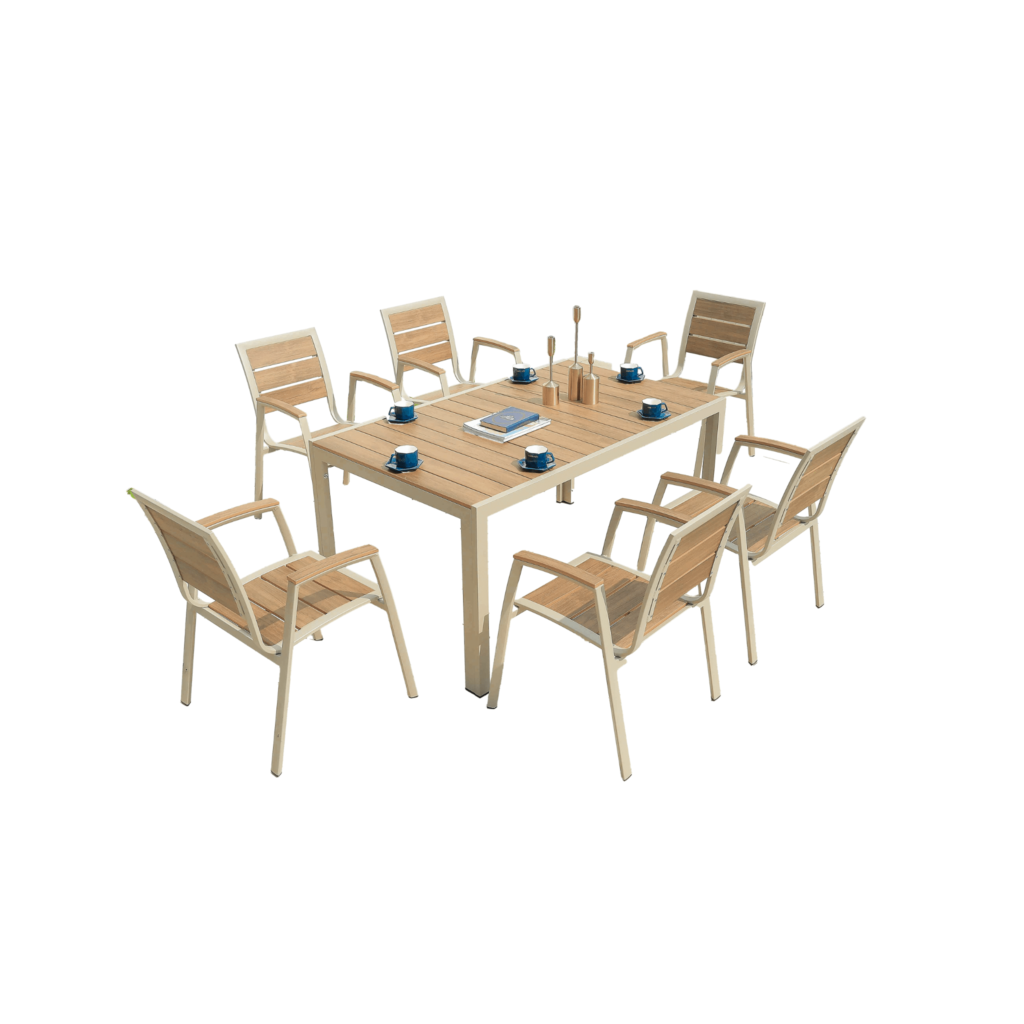 Tuintafel en zes stoelen met latten in houtlook op een licht aluminium frame
