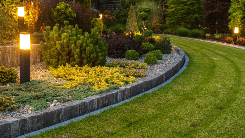 Verlichte moderne tuin met een stenen border, groene planten en een strak onderhouden gazon, perfect voor sfeervolle avonden buiten.
