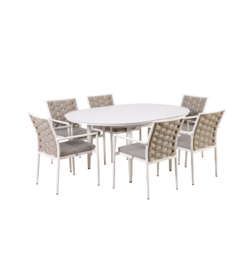 Boender Outdoor 7-delige witte dining tuinset met ovale tafel en zes stoelen, inclusief comfortabele kussens en rope-accenten op de rugleuning