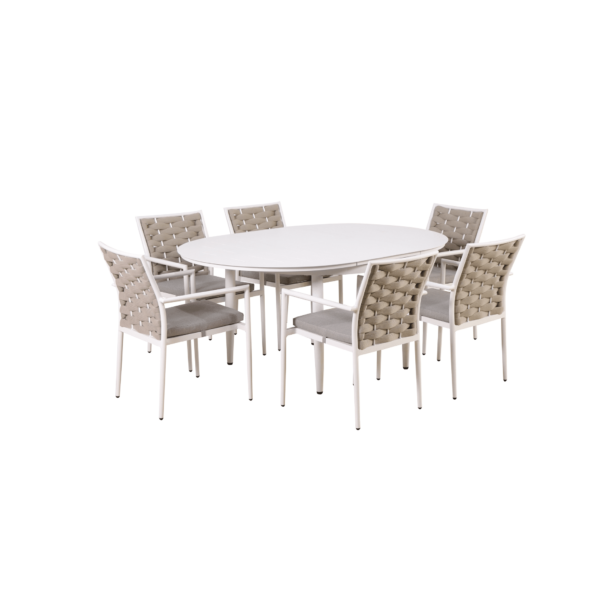 Boender Outdoor 7-delige witte dining tuinset met ovale tafel en zes stoelen, inclusief comfortabele kussens en rope-accenten op de rugleuning