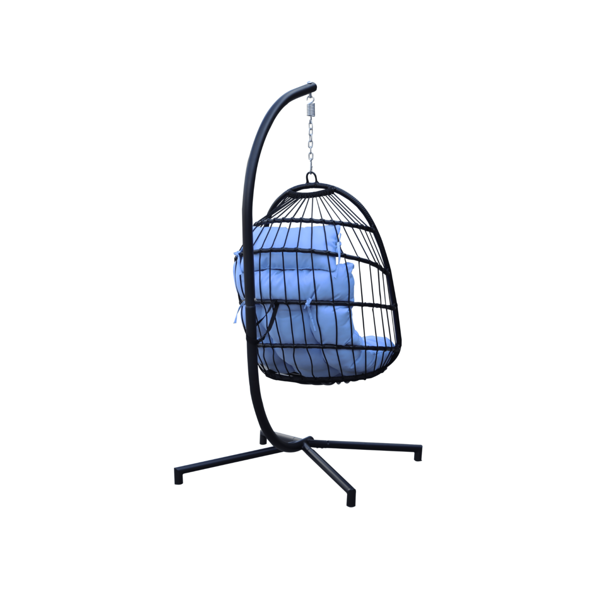 Boender Outdoor buiten hangstoel met zwarte standaard en blauwe kussens achteraanzicht