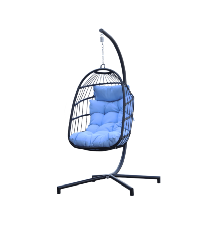 Boender Outdoor buiten hangstoel met zwarte standaard en blauwe kussens