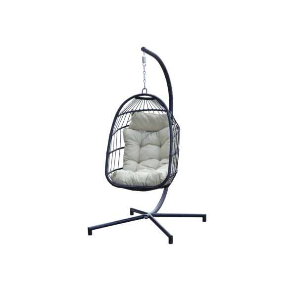 Boender Outdoor buiten hangstoel met standaard en crèmekleurige kussens voorkant