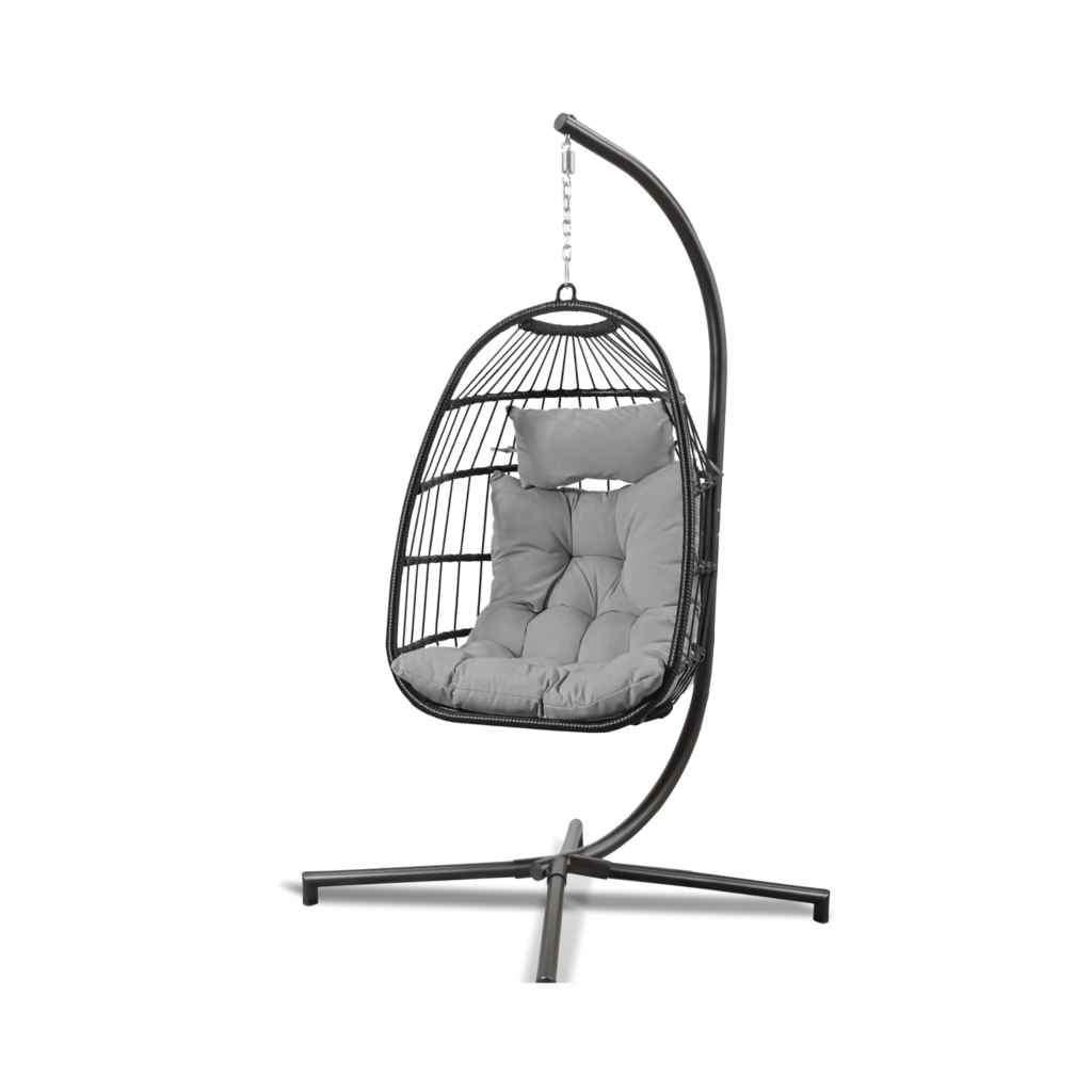 Boender Outdoor buiten hangstoel met zwarte standaard en grijze kussens