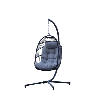 Boender Outdoor buiten hangstoel met staalblauwe standaard en grijze kussens