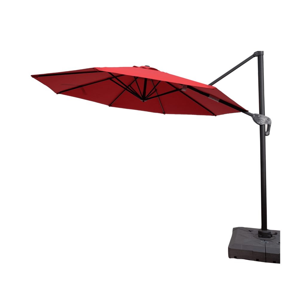 Boender Outdoor tuinparasol in donkerrood met zijarm en stevige zwarte voet