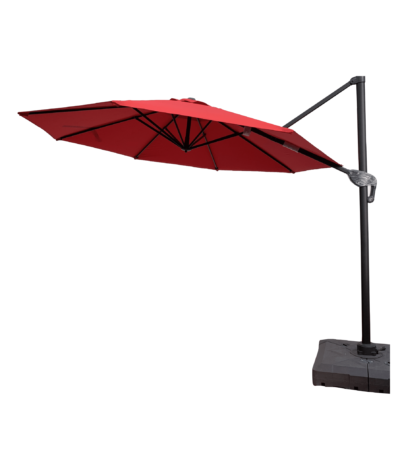 Boender Outdoor tuinparasol in donkerrood met zijarm en stevige zwarte voet