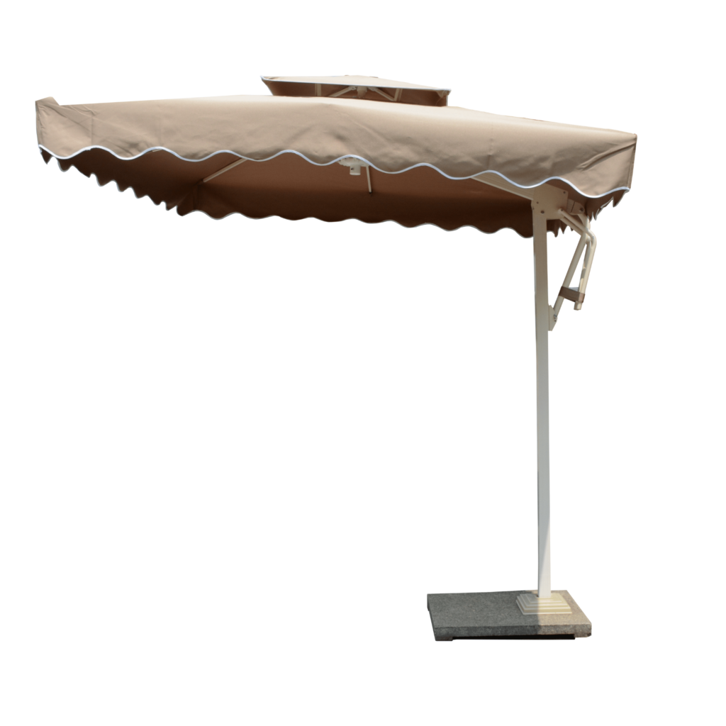 Boender Outdoor tuinparasol in grijsbeige met witte zijarm en golfdetails aan de rand