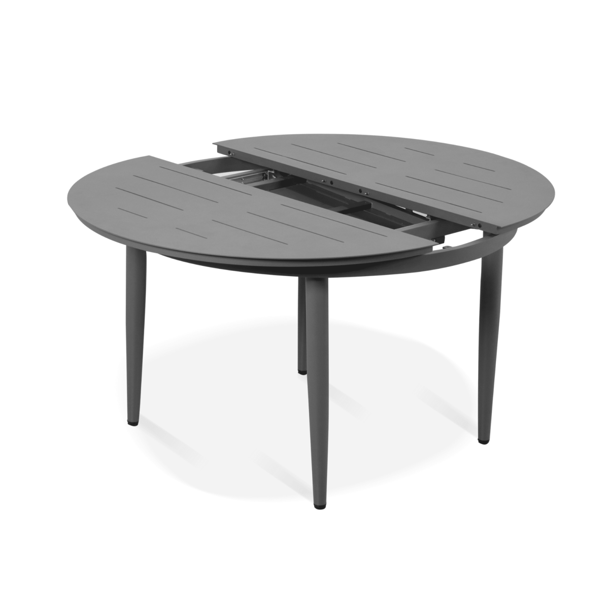 Detail van de uitschuifbare ronde tafel in antraciet grijs van de Boender Outdoor 5-delige tuinset