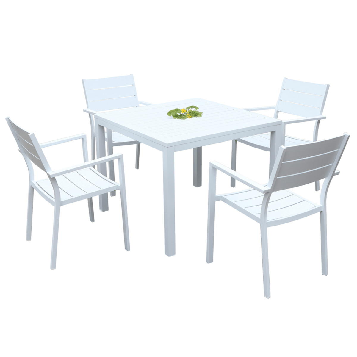 Boender Outdoor 5-delige witte tuinset met vier stoelen en een vierkante tafel, ideaal voor buitengebruik