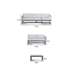 Boender Outdoor 3-delige loungeset met afmetingen en specificaties, inclusief sofa's en een bijzettafel met glasplaat