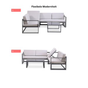 Verschillende configuraties van de Boender Outdoor verstelbare 3-delige loungeset, met moderne uitstraling en comfortabele grijze kussens