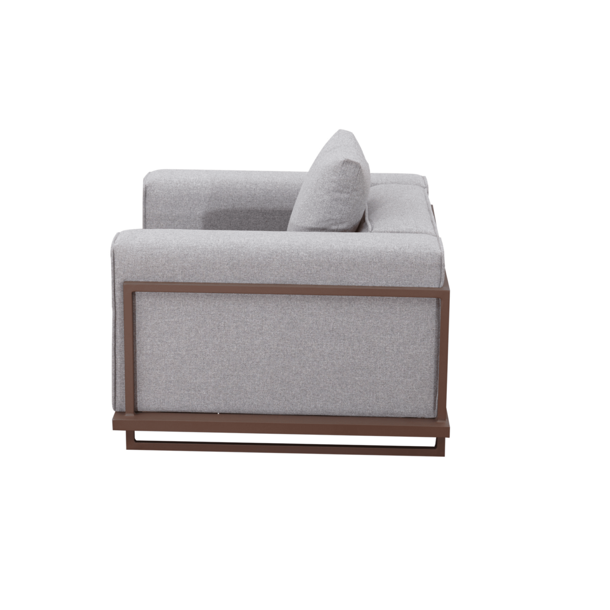 Zijaanzicht van de Boender Outdoor loungestoel in grijs met armleuning en aluminium frame, uit de 7-delige set