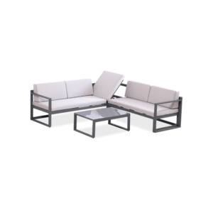 Boender Outdoor 3-delige moderne loungeset met verstelbare rugleuning en grijze kussens, inclusief lage tafel met glasplaat