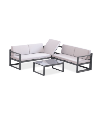 Boender Outdoor 3-delige moderne loungeset met verstelbare rugleuning en grijze kussens, inclusief lage tafel met glasplaat