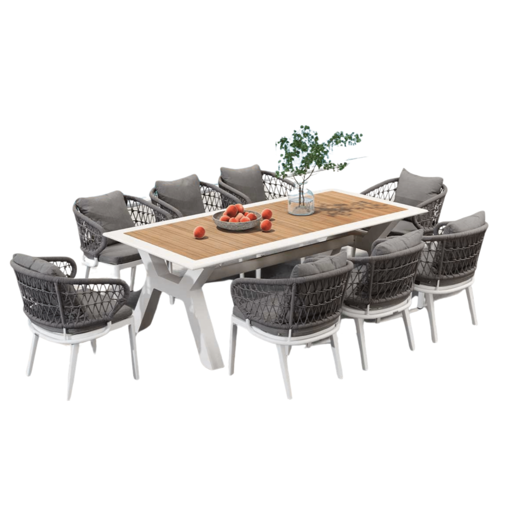 Boender Outdoor Venice tuinset voor 8 personen met witte tafel en grijze stoelen 220cm