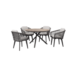 Boender Outdoor Cala 5-delige dining tuinset met ronde tafel en ropes stoelen met grijze kussens