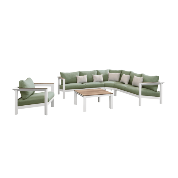 Boender Outdoor Kioh hoek loungeset 5-delig met groene kussens en witte frames