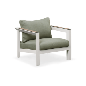 Boender Outdoor Kioh hoek loungeset fauteuil met groene kussens en wit aluminium frame