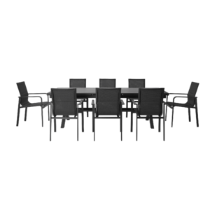 Boender Outdoor Long Island tuinset voor 8 personen met zwarte uitschuifbare tafel en stoelen