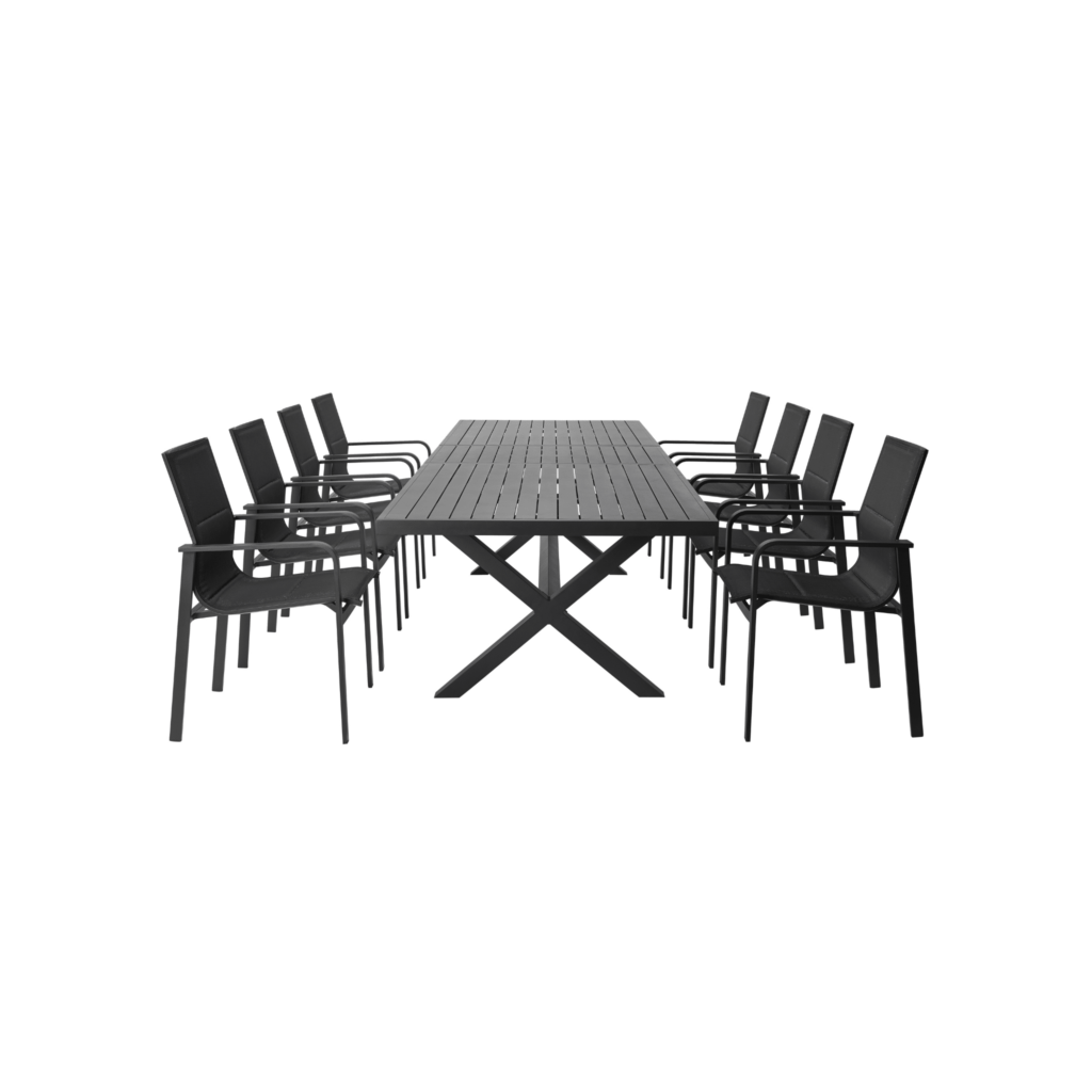 Boender Outdoor Long Island tuinset voor 8 personen met zwarte uitschuifbare tafel en stoelen met armleuningen