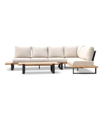 Grote hoeklounge set van Boender Outdoor met houten details en beige kussens