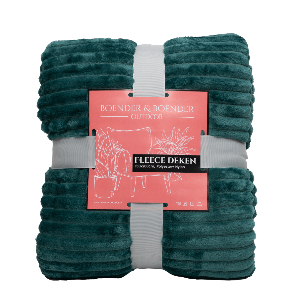 Turquoise blauwe fleece deken van Boender Outdoor met label en verpakking zichtbaar