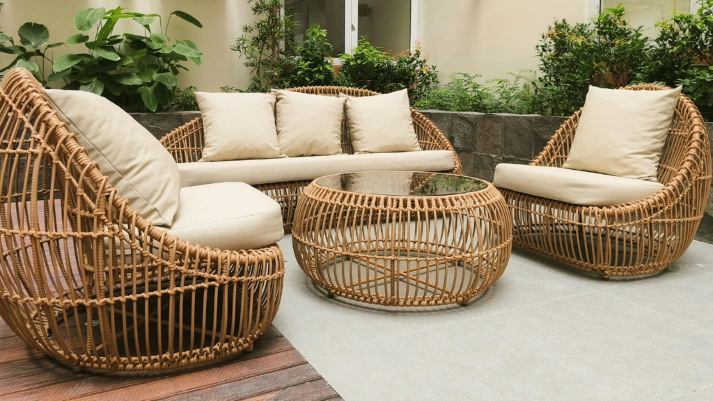 Moderne loungeset van rotan met beige kussens in een groene tuinomgeving