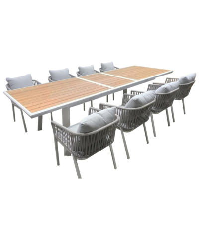 Boender Outdoor tuinset voor 8 personen met een wit frame en teakhouten tafelblad, inclusief comfortabele grijze stoelen.