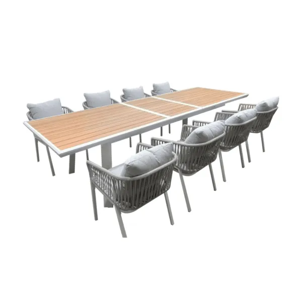 Boender Outdoor tuinset voor 8 personen met een wit frame en teakhouten tafelblad, inclusief comfortabele grijze stoelen.