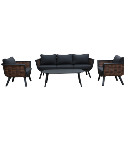 Boender Outdoor Latin stoel-bank loungeset met zwarte kussens en wicker afwerking