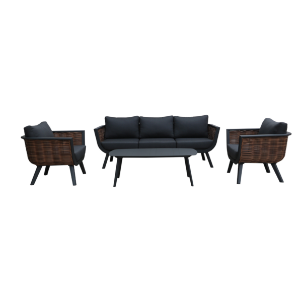 Boender Outdoor Latin stoel-bank loungeset met zwarte kussens en wicker afwerking