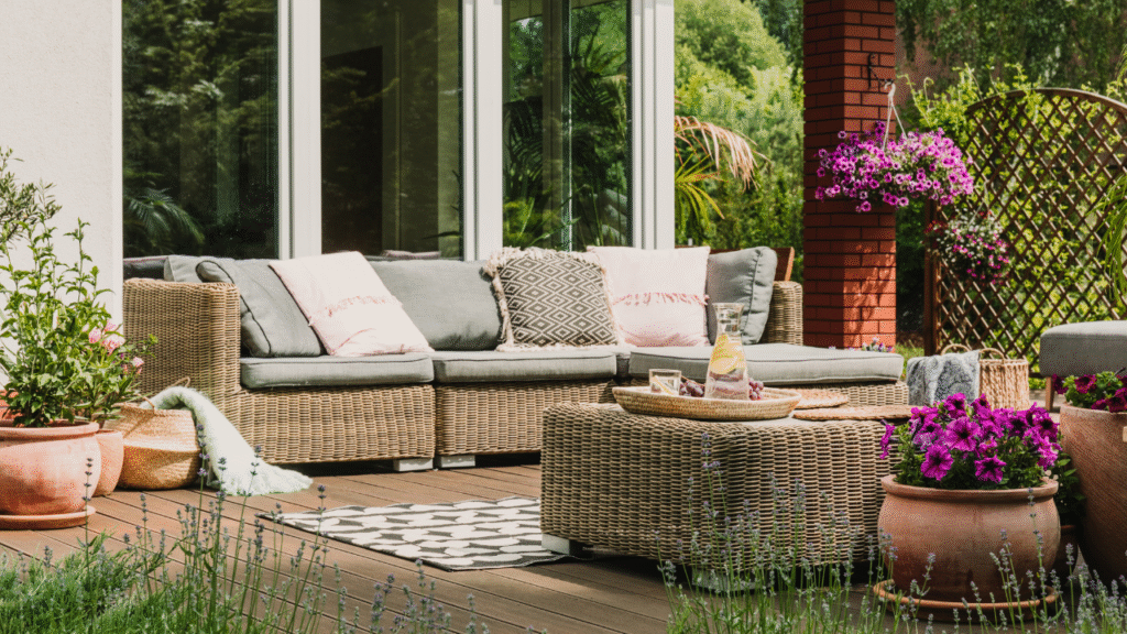 Gezellig terras met rotan loungeset en kleurrijke bloemen
