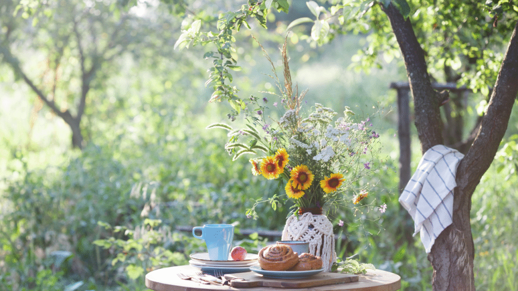 Landelijke buitentafel met bloemen en ontbijt in zomertuin