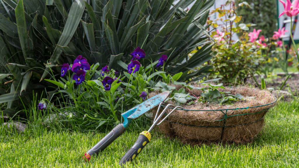 Tuingereedschap en plantenmand op groen gras in onderhoudsvrije tuin.