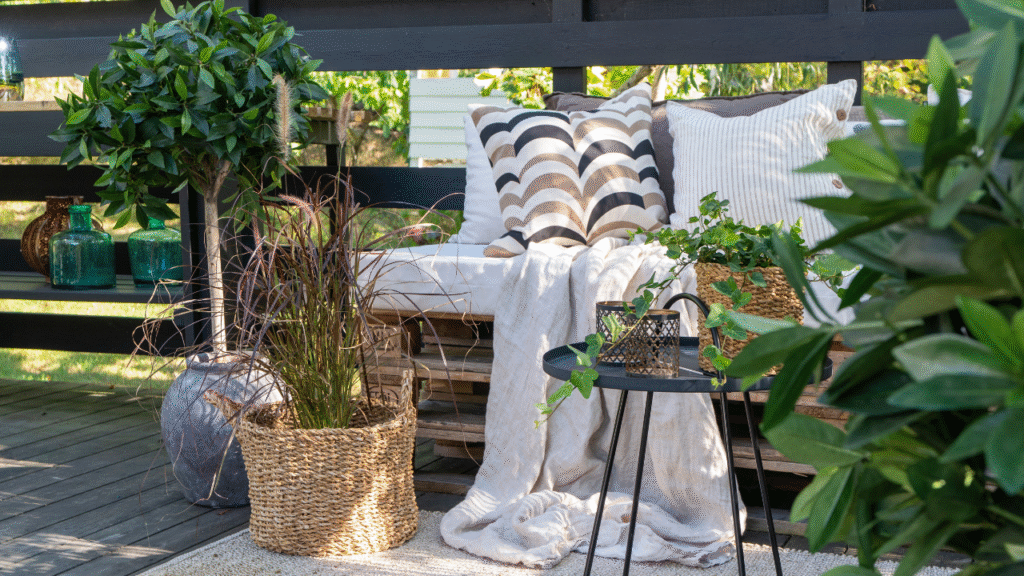 Knus balkonhoekje met planten, sierkussens en rotan accessoires