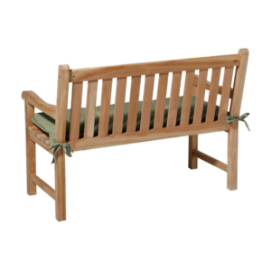 sage tuinbankkussen bevestigd op houten bank met striklinten 150x48cm