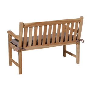 taupe tuinbankkussen bevestigd op houten bank met striklinten 150x48cm