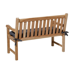 grijs tuinbankkussen bevestigd op houten bank met striklinten 180x48cm