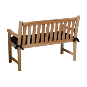 zwart tuinbankkussen bevestigd op houten bank met striklinten 180x48cm