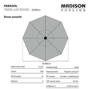 Bovenaanzicht Madison Timor Luxe ronde parasol 400cm met doekinformatie