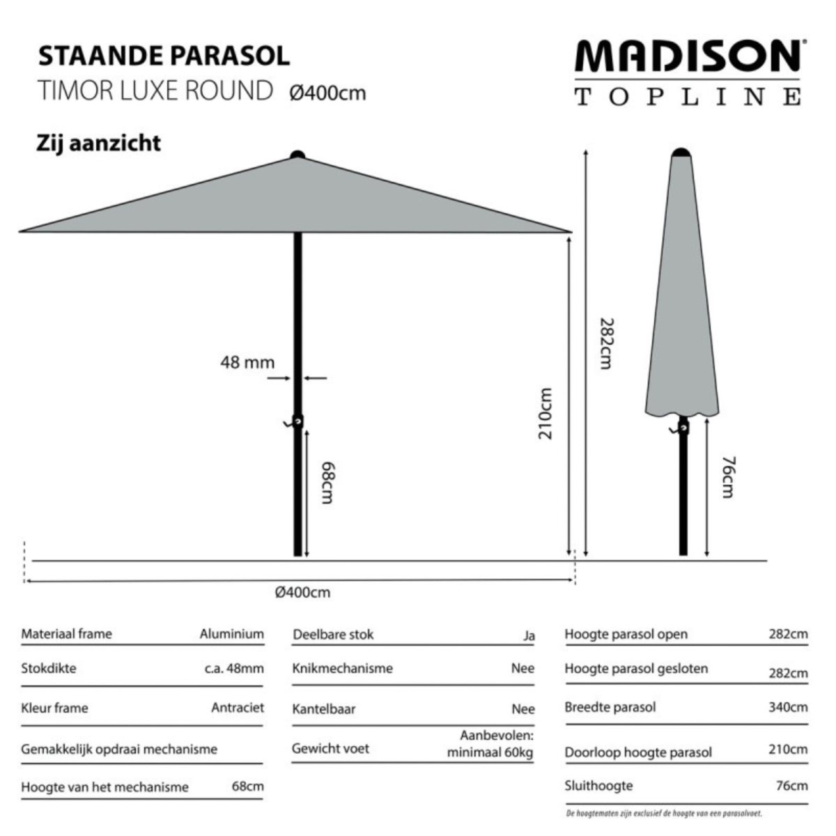 Technische zijaanzicht Madison Timor Luxe parasol 400cm met specificaties