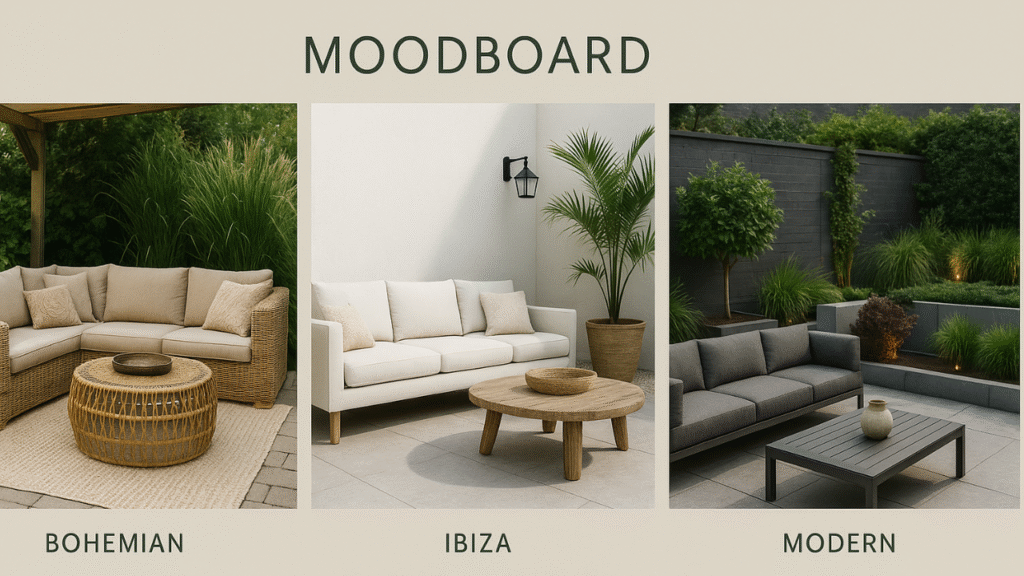 Moodboard met bohemian, Ibiza en moderne stijlen voor tuinmeubelen