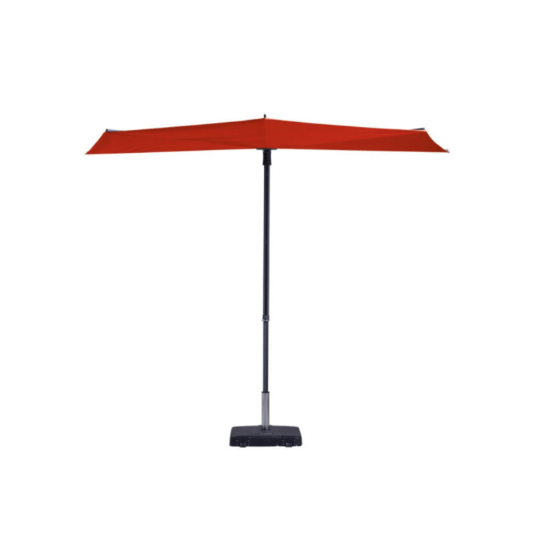 Zweefparasol Madison Sun Wave in rood met gesloten stand met antraciet frame