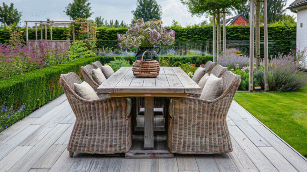 Dining tuinset met rotan stoelen en houten tafel in bloeiende achtertuin