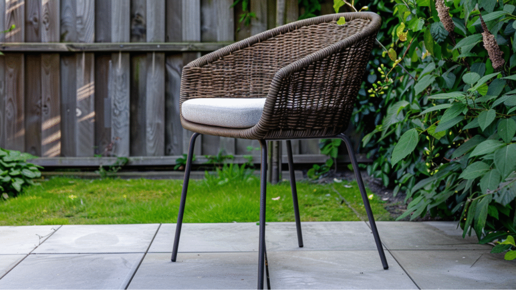 Moderne dining tuinstoel van gevlochten rotan met metalen poten