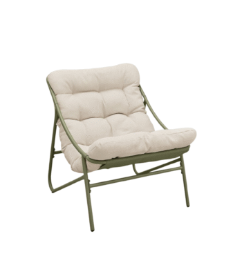 EDG lage lounge tuinstoel met olijfgroen metalen frame en crème olefin kussen