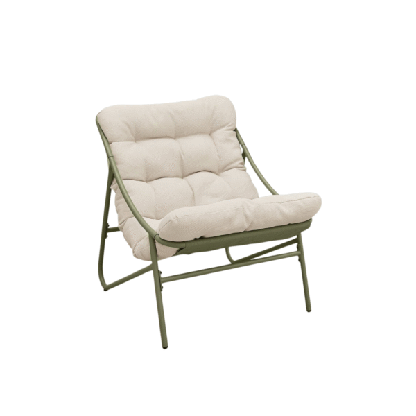 EDG lage lounge tuinstoel met olijfgroen metalen frame en crème olefin kussen