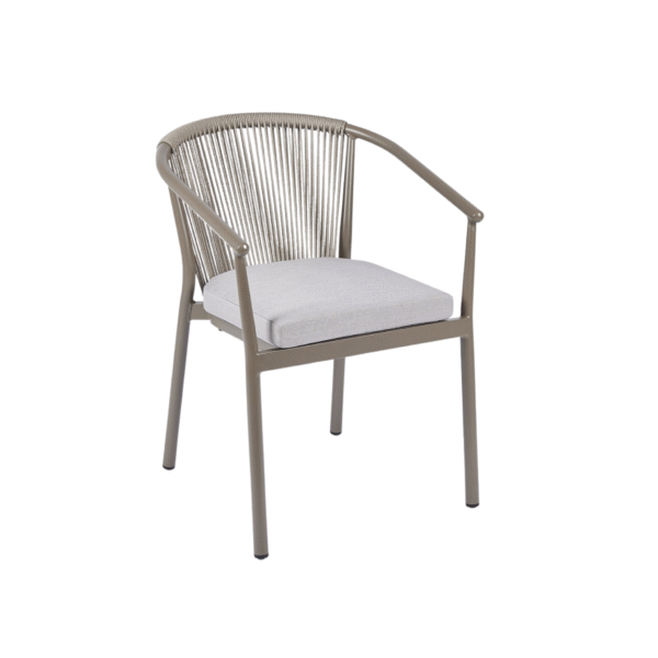 Moderne EDG tuinstoel met taupekleurig rope design en lichtgrijs kussen