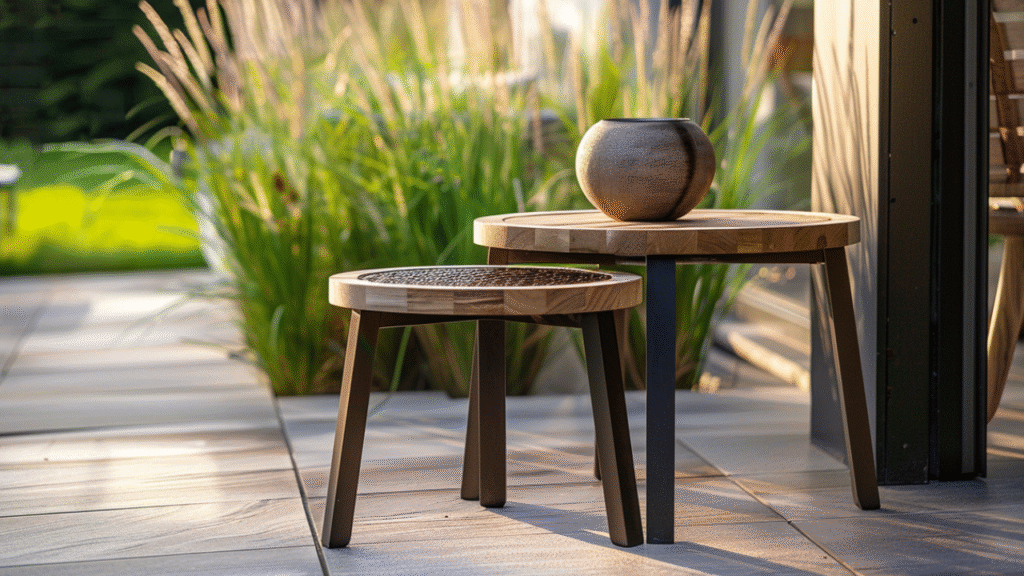 Set houten bijzettafels met metalen poten op modern terras
